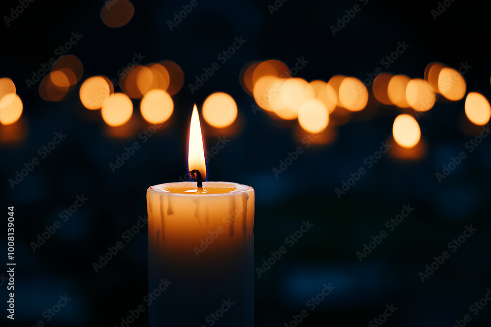 Candles Burning at Night. White Candles Burning in the Dark with focus on single candle in foreground Candles Burning at Night. White Candles Burning in the Dark with focus on single candle in foreground