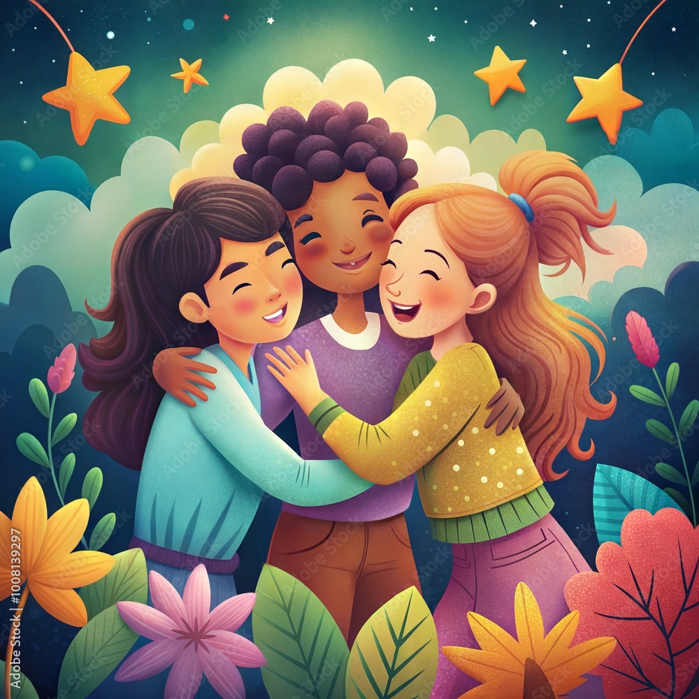 Colorful illustration of three happy children hugging in a flower-filled landscape under stars
Colorful illustration of three happy children hugging in a flower-filled landscape under stars