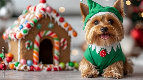 A Yorkshire Terrier Dressed as an Elf Posing in Front of a Gingerbread House photo