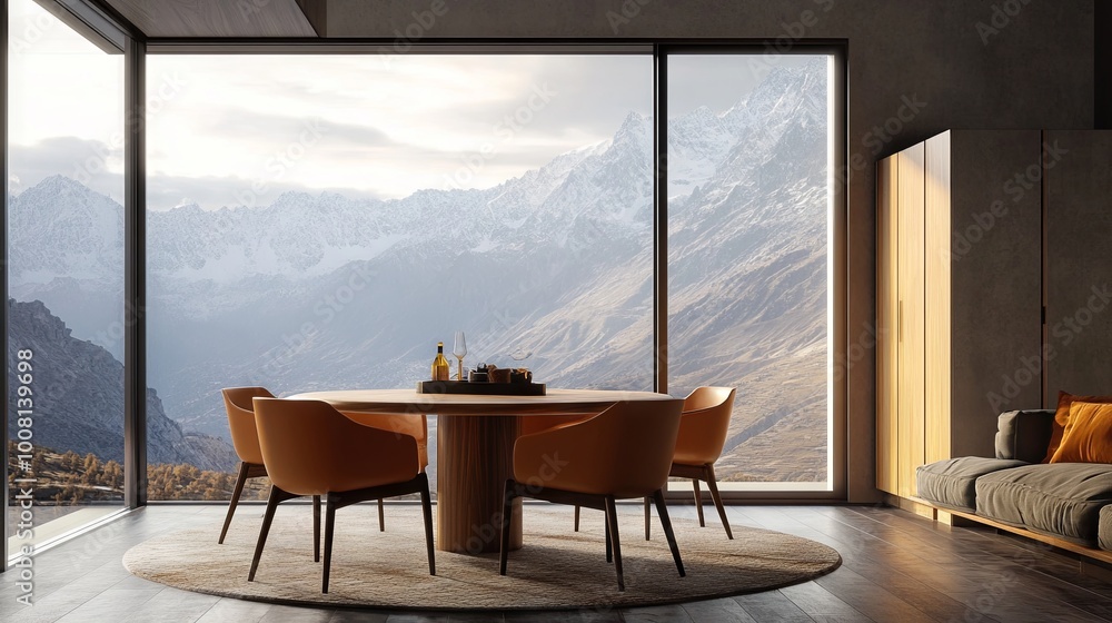 Fototapeta premium Chairs at a round wooden dining table in a brown room with a wall-sized window overlooking the mountains 