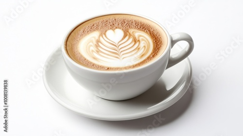 A latte art heart design in a white cup on a saucer.