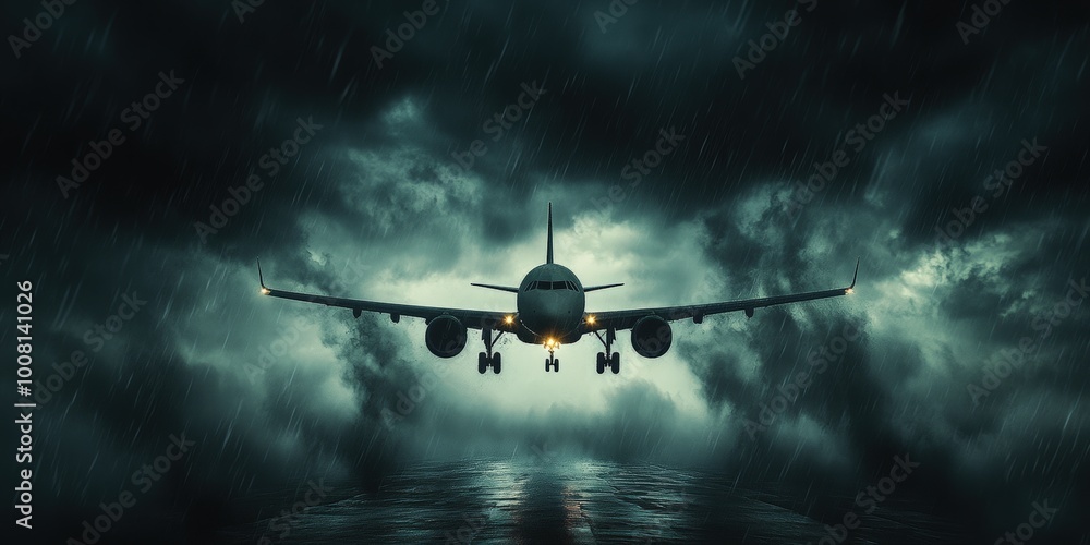 Airplane Flying Through Stormy Skies, Aviation in Rough Weather Airplane Flying Through Stormy Skies, Aviation in Rough Weather