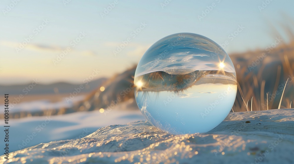 A solitary crystal ball with a clear sky reflection. A solitary crystal ball with a clear sky reflection.