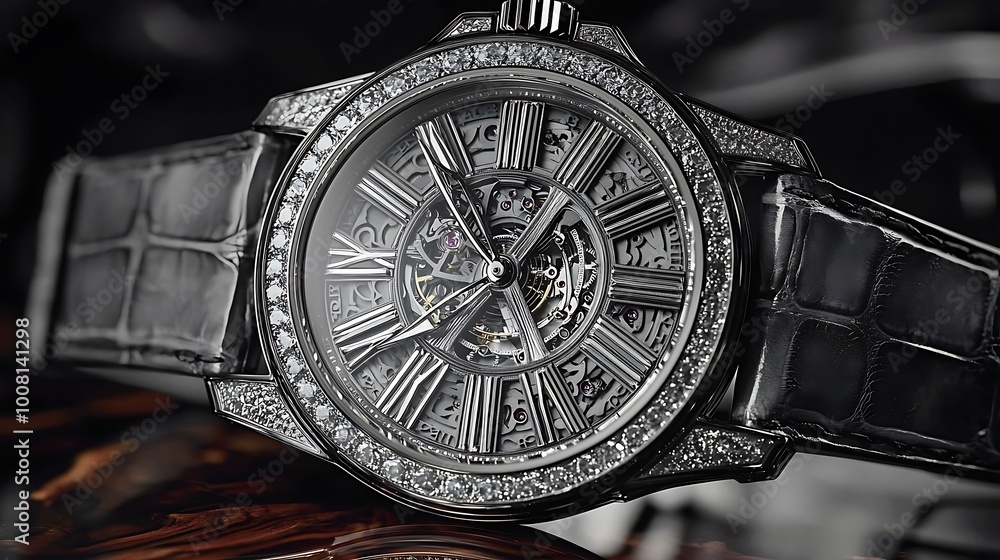 Luxury Diamond Watch with Skeleton Dial and Crocodile Strap