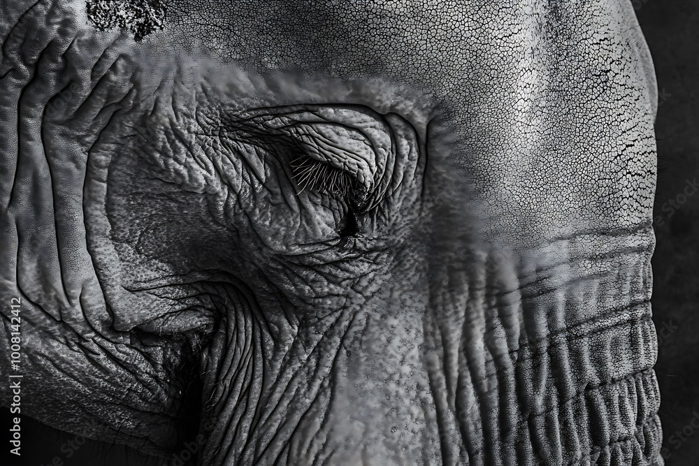 Close-up of an Elephant's Eye and Wrinkled Skin in Black and White. Close-up of an Elephant's Eye and Wrinkled Skin in Black and White.