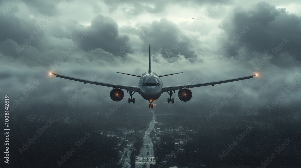 Airplane Flying Through Stormy Skies, Aviation in Rough Weather Airplane Flying Through Stormy Skies, Aviation in Rough Weather