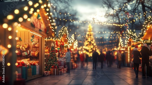 Wallpaper Mural Christmas Market with Illuminated Christmas Tree and Wooden Stalls Torontodigital.ca