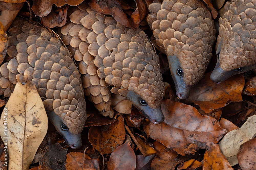 Close-up of three Pangolins nestled amongst fallen leaves. Close-up of three Pangolins nestled amongst fallen leaves.
