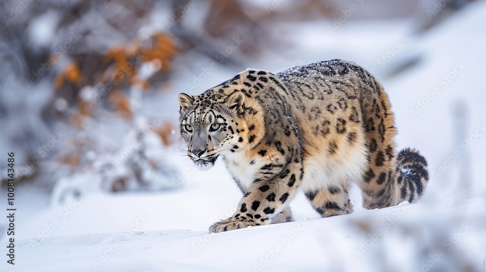 Snow Leopard Sneaking Through the Snow in the Himalayas Snow Leopard Sneaking Through the Snow in the Himalayas