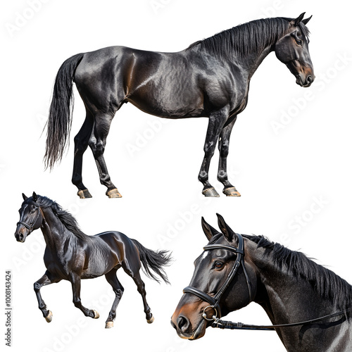 black horse collection isolated on a transparent background