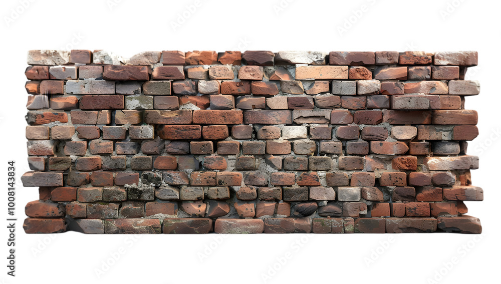Obraz premium old red brick wall isolated on a PNG white background with no shadows or reflections. The bricks have different sizes and textures