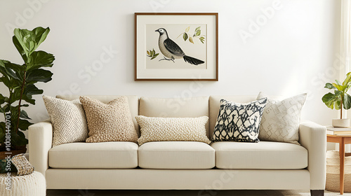 Cozy living room with a beige sofa adorned with textured and patterned pillows. A framed art piece depicting a bird and a woman hangs on the wall. A potted plant and book add to the serene atmosphere.