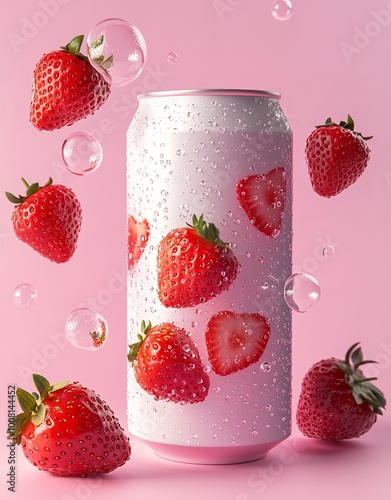 Pink Cold Drink Can with Strawberry and Water Splash High Quality AI Generated Image

 photo