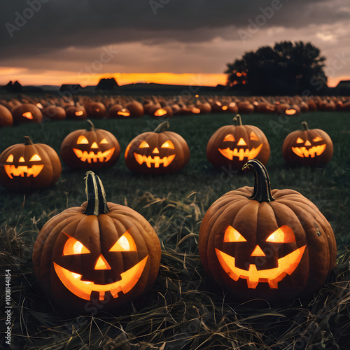 A group of pumpkins in a field at dusk, with carved jack-o’-lanterns glowing and a dark, stormy sky in the background