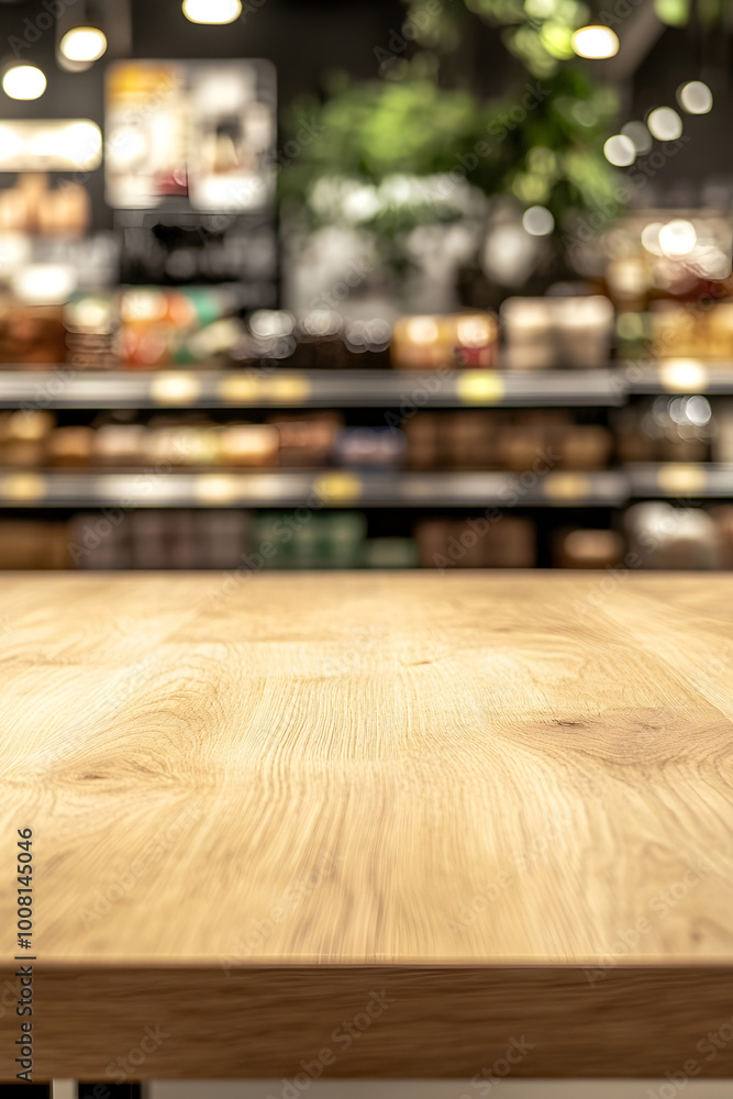 Empty wooden table top with blurred supermarket aisle background for food, grocery, product design Empty wooden table top with blurred supermarket aisle background for food, grocery, product design