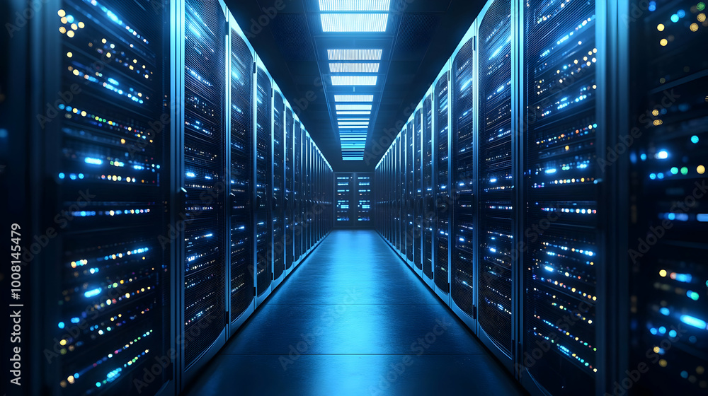 3D Rendering of a Modern Server Room with Blue Lights 3D Rendering of a Modern Server Room with Blue Lights
