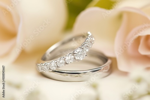 Romantic wedding rings with elegant diamonds on floral background photo