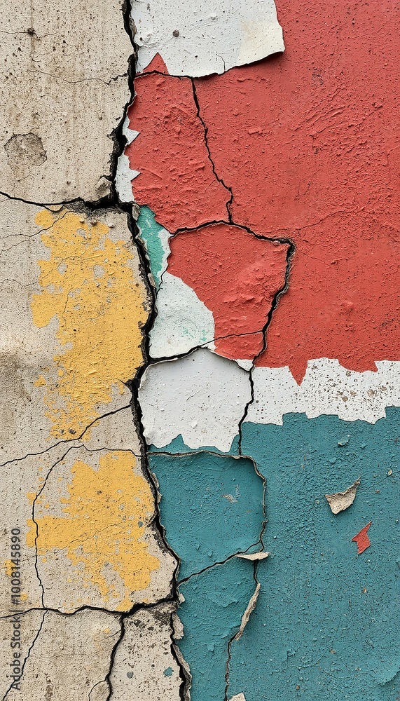 Obraz premium High-Resolution Photo of Cracked Weathered Paint on Old Concrete Wall, Close-up of Colorful Textured Surface, Natural Abstract Urban Decay Pattern