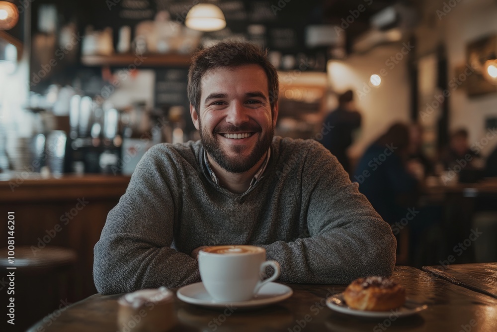 A cheerful man sits at a cozy cafe with a cup of coffee. He smiles warmly in a relaxed atmosphere. Perfect for lifestyle and cafe themes. Generative AI A cheerful man sits at a cozy cafe with a cup of coffee. He smiles warmly in a relaxed atmosphere. Perfect for lifestyle and cafe themes. Generative AI