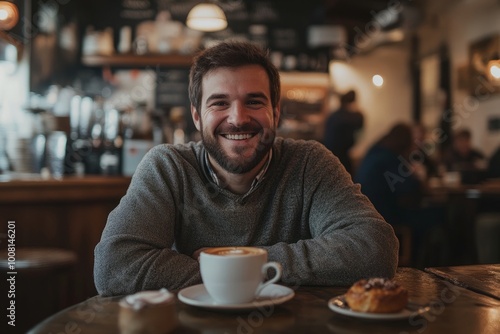 A cheerful man sits at a cozy cafe with a cup of coffee. He smiles warmly in a relaxed atmosphere. Perfect for lifestyle and cafe themes. Generative AI