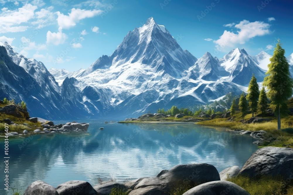 A serene mountain landscape showcases a clear lake mirroring towering snow capped peaks surrounded by lush greenery and bright blue skies A serene mountain landscape showcases a clear lake mirroring towering snow capped peaks surrounded by lush greenery and bright blue skies