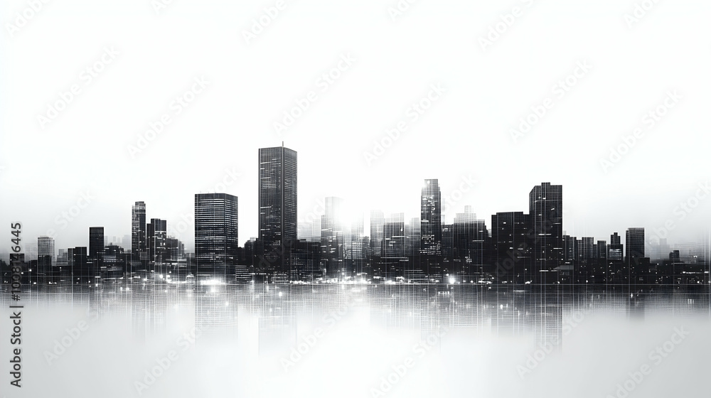 Fototapeta premium Black and White Cityscape Illustration with a Digital Grid Pattern