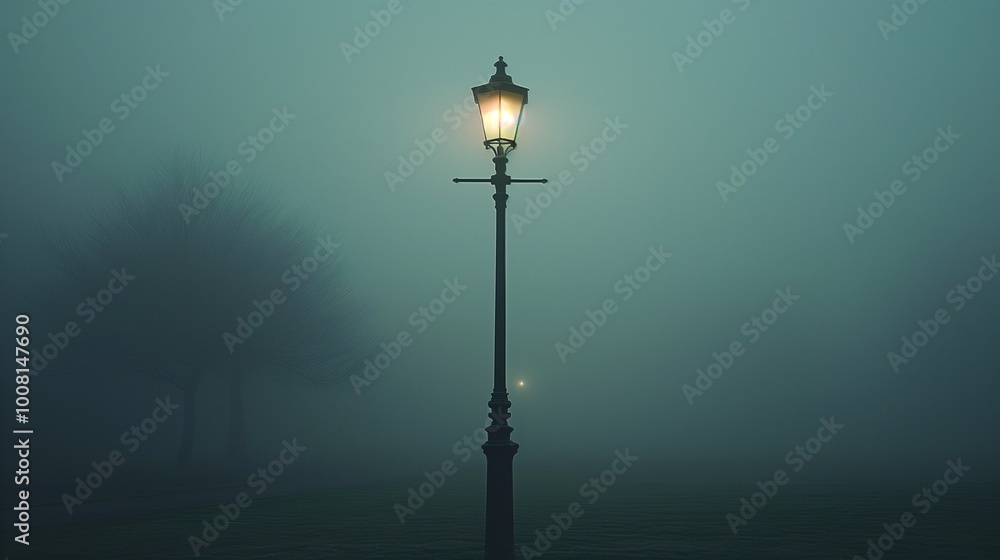 A solitary lamppost in a foggy park. A solitary lamppost in a foggy park.