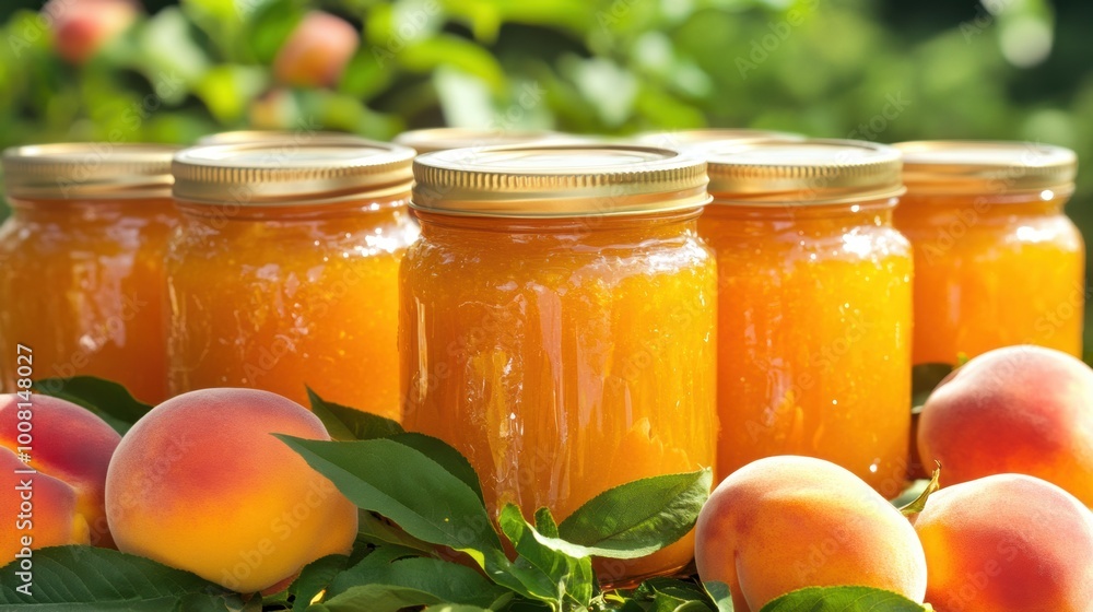 Homemade peach jam in glass jars fresh peaches Homemade peach jam in glass jars fresh peaches
