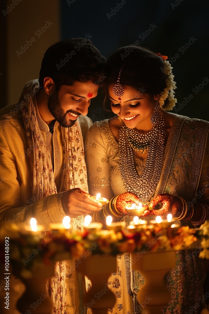 Couple Lighting Diyas on Balcony Railing in Traditional Attire During Diwali Festival Celebration Couple Lighting Diyas on Balcony Railing in Traditional Attire During Diwali Festival Celebration