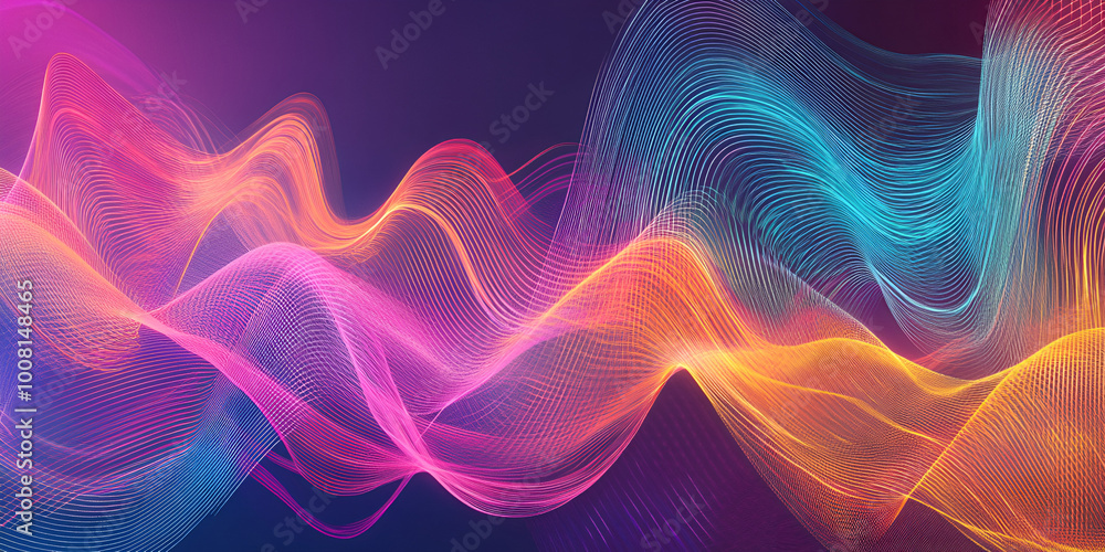Fototapeta premium Vibrant neon waves, colorful abstract background, glowing lines, purple blue pink hues