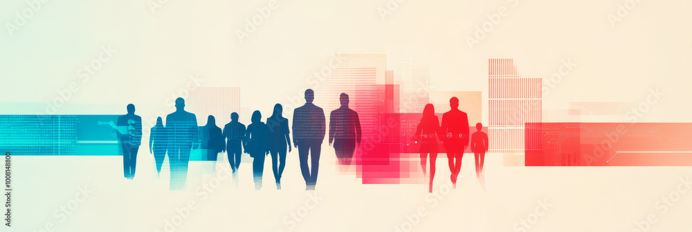 Silhouettes of people walking in a city setting.
