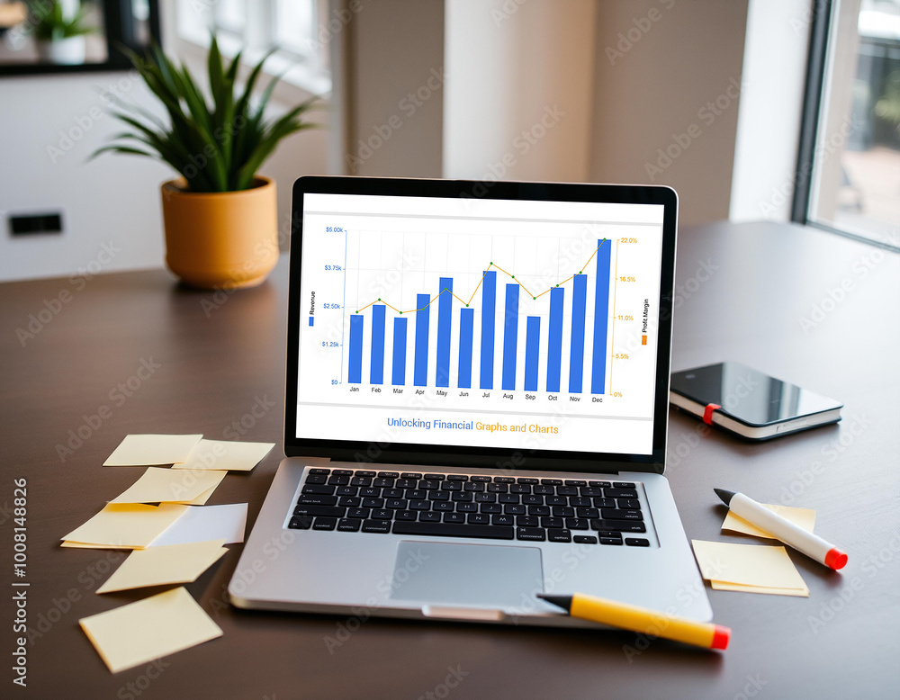 Laptop Displaying Rising Financial Data Chart with Office Supplies on Wooden Desk, Business Analytics Photo Laptop Displaying Rising Financial Data Chart with Office Supplies on Wooden Desk, Business Analytics Photo