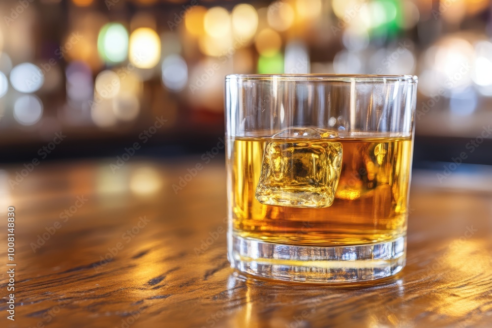Amber whiskey with ice in glass on bar counter Amber whiskey with ice in glass on bar counter
