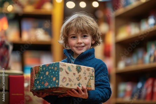 A joyful child holds a beautifully wrapped gift in a cozy shop. The festive atmosphere radiates warmth and happiness. Celebrate with love and gifts. Generative AI