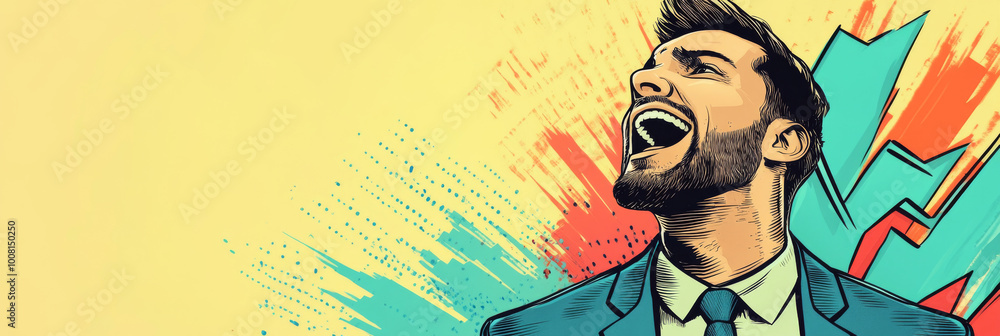 A businessman in a suit shouts in excitement against an abstract background of color. A businessman in a suit shouts in excitement against an abstract background of color.