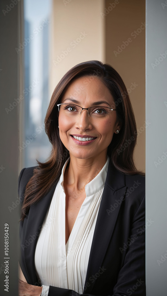 Latina woman in her mid-30s dressed as an accountant, posing confidently in a crisp white blouse and fitted black blazer, with glasses and a blurred cityscape background Latina woman in her mid-30s dressed as an accountant, posing confidently in a crisp white blouse and fitted black blazer, with glasses and a blurred cityscape background