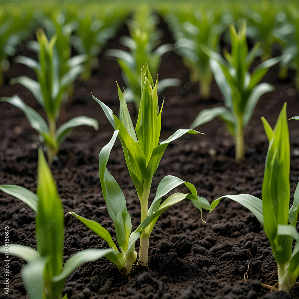 Corn seedlings in field green maize sprouts on agricultural plantation Corn seedlings in field green maize sprouts on agricultural plantation