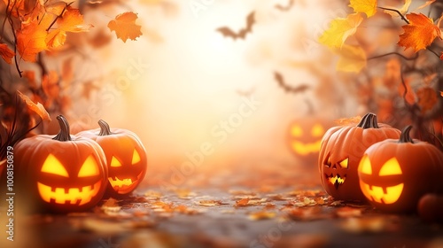 Spooky Halloween Pumpkins and Autumn Leaves on Dark Backdrop with Copyspace photo