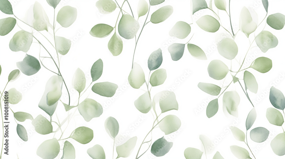 Watercolor eucalyptus leaves, a simple and clean pattern design, on a white background. Watercolor eucalyptus leaves, a simple and clean pattern design, on a white background.