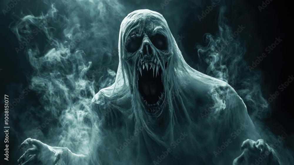 Terrifying Spectral Figure Shrouded in Smoke in a Dark, Eerie Atmosphere Terrifying Spectral Figure Shrouded in Smoke in a Dark, Eerie Atmosphere