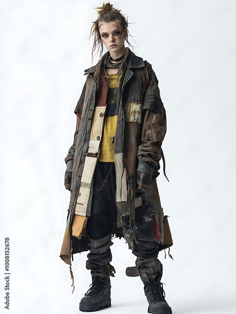Young Woman in Post-Apocalyptic Clothing, Worn and Torn Fabric, Studio Shot. Young Woman in Post-Apocalyptic Clothing, Worn and Torn Fabric, Studio Shot.