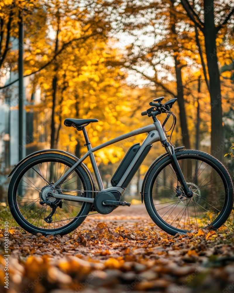 Fototapeta premium Electric bicycle on a forest path surrounded by vibrant autumn foliage in daylight