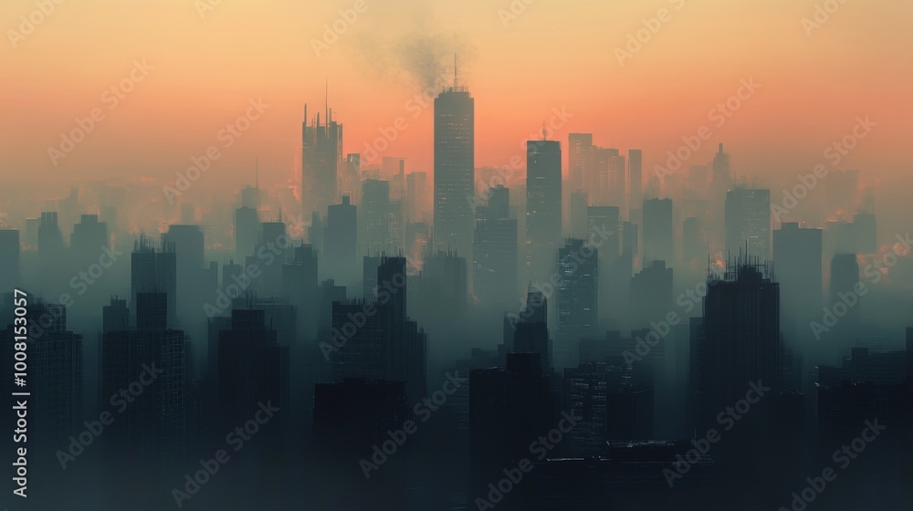 Fototapeta premium Silhouetted Skyscrapers Emerging from a Smoky Haze at Dawn