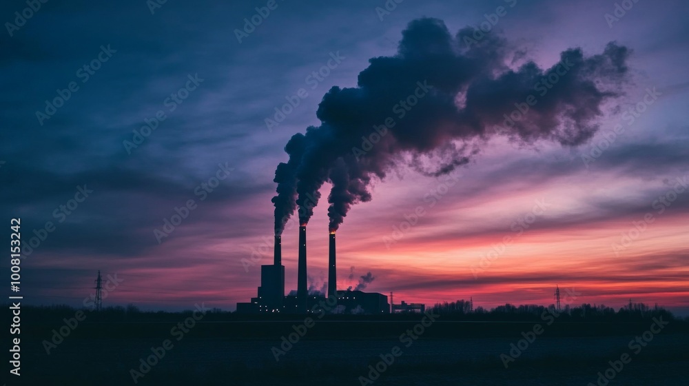 Silhouetted Power Plant with Smoke Plumes Against a Vibrant Sunset Sky Silhouetted Power Plant with Smoke Plumes Against a Vibrant Sunset Sky