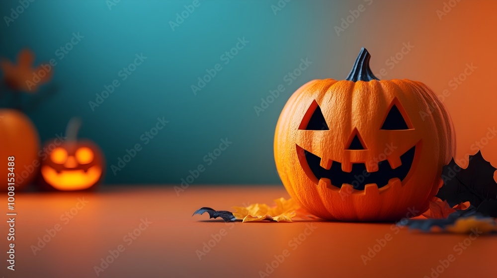 Spooky Halloween Pumpkin Jack o Lantern with Autumn Leaves and Candle Flame in Darkness Spooky Halloween Pumpkin Jack o Lantern with Autumn Leaves and Candle Flame in Darkness