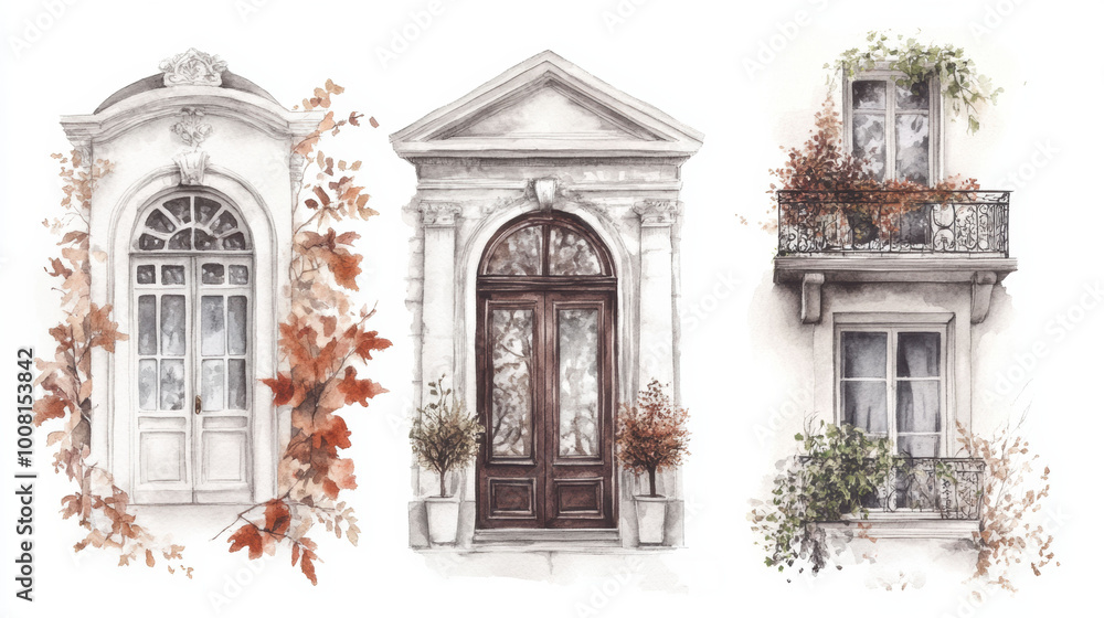 A drawing of three windows with plants on them A drawing of three windows with plants on them