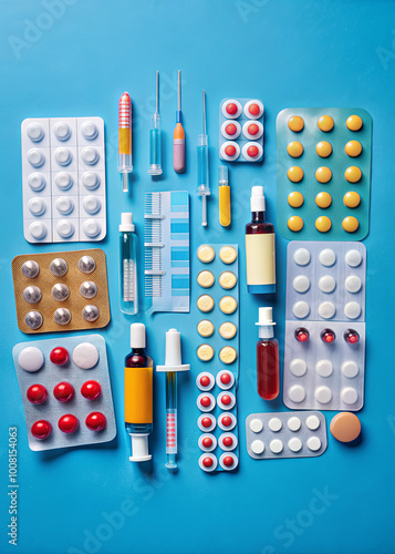 Colorful medications including tablets, capsules, syringes, and vials are organized neatly against a bright blue backdrop, emphasizing health and pharmaceutical care