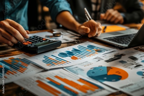 Young colleagues discuss business and analytical price charts using calculators and laptops to calculate financial, tax, accounting, statistics and analytical research, Generative AI photo