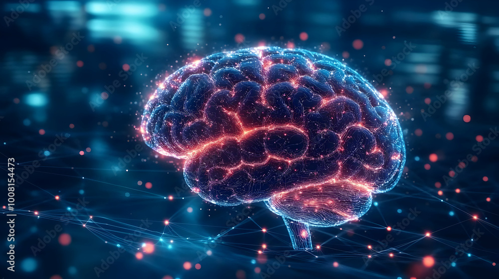 Digital Illustration of a Human Brain with Glowing Connections and Network Lines Digital Illustration of a Human Brain with Glowing Connections and Network Lines