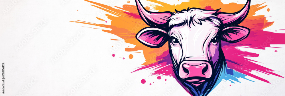 White bull with pink nose and ears in a colorful background. White bull with pink nose and ears in a colorful background.